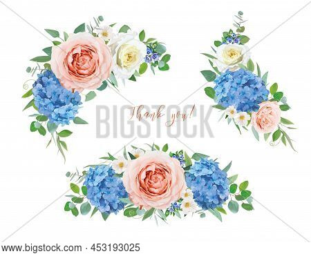 Vector Floral Bouquet. Blush Peach, Yellow Garden Roses, Blue Hydrangea, Lovely Tweedia Flowers, Gre