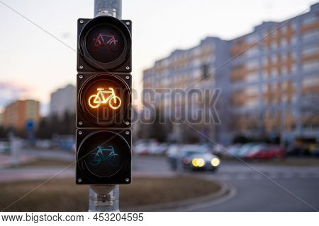 Traffic Yellow Light Forbids Bicycles To Pass In Public Place.