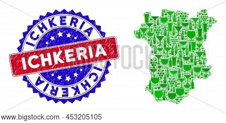 Vector Collage Of Wine Chechnya Map And Grunge Bicolor Ichkeria Seal. Red And Blue Bicolored Seal Wi