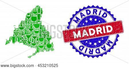 Vector Collage Of Wine Madrid Province Map With Grunge Bicolor Madrid Seal. Red And Blue Bicolored S