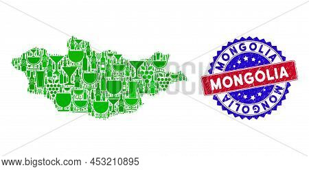 Vector Collage Of Wine Mongolia Map And Grunge Bicolor Mongolia Stamp. Red And Blue Bicolored Waterm
