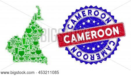 Vector Combination Of Wine Cameroon Map With Grunge Bicolor Cameroon Seal Stamp. Red And Blue Bicolo