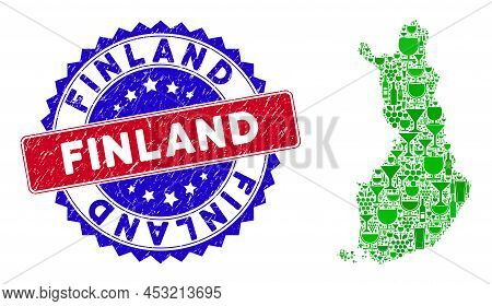 Vector Collage Of Wine Finland Map And Grunge Bicolor Finland Seal Stamp. Red And Blue Bicolored Sta