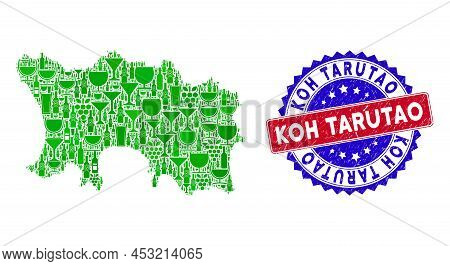 Vector Collage Of Wine Jersey Island Map With Grunge Bicolor Koh Tarutao Stamp. Red And Blue Bicolor