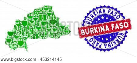 Vector Collage Of Wine Burkina Faso Map And Grunge Bicolor Burkina Faso Seal Stamp. Red And Blue Bic