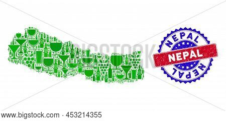 Vector Collage Of Wine Nepal Map With Grunge Bicolor Nepal Stamp. Red And Blue Bicolored Stamp With 