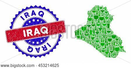 Vector Collage Of Wine Iraq Map And Grunge Bicolor Iraq Stamp. Red And Blue Bicolored Watermark With