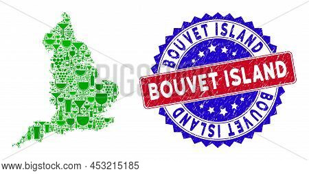 Vector Combination Of Wine England Map With Grunge Bicolor Bouvet Island Seal Stamp. Red And Blue Bi