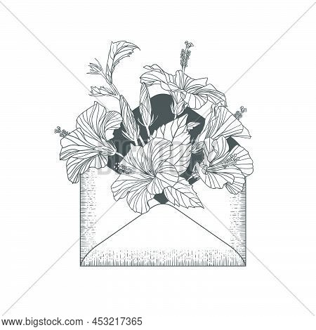Envelope With Linear Hibiscus Flowers. Black On White Vector Illustration