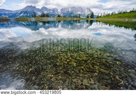 Astberg Lake With Wilderkaiser Mountains Reflection. Ellmau, Austria