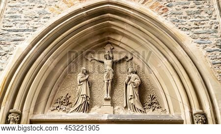 Christian Church Portal In Detail Of St. Laurentius Church In Saarburg