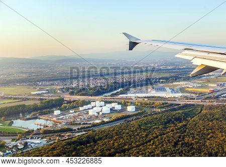 Raunheim, Germany - September 29, 2014: Approaching Frankfurt Airport With View To The Oil Station W