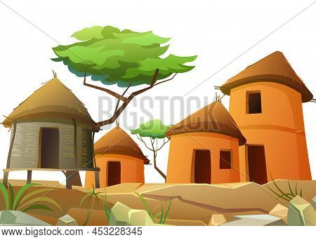 Africa Village. Dwellings In Rocky Desert. Rural Houses Made Of Clay And Straw. African Landscape. A