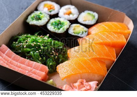 Vegan Sushi, Sashimi And Maki Rolls With Plant Based Seafood