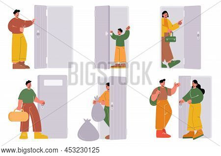 People Open And Close Doors, Men, Women And Kids Persons Enter Open Doorway. Isolated Male And Femal