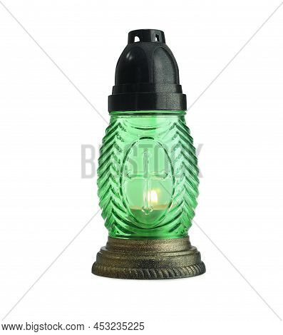 Green Grave Light With Burning Candle Isolated On White. Symbol Of Remembrance