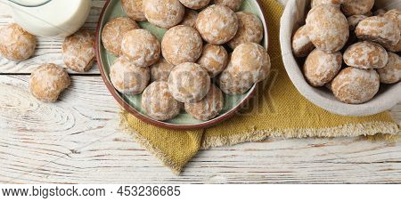 Tasty Homemade Gingerbread Cookies On White Wooden Table, Flat Lay. Banner Design