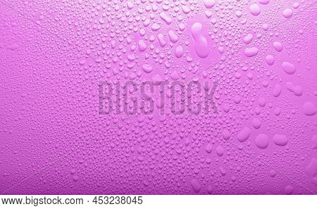 Natural Water Drop Texture. Full Frame Shot Of Water Drops On Window. Violet Background. Violet Text