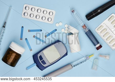 Glucose Test Glucometer, Diabetic Medicines, Stripes And Insulin