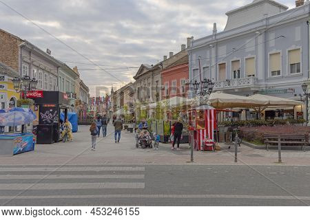 Novi Sad, Serbia - September 21, 2021: People Walking At Dunavska Street Downtown Autumn Day.