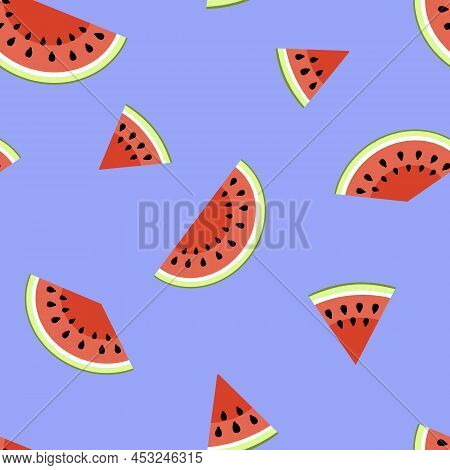 Watermelon Pieces Seamless Pattern. Cut Watermelon, Piece, Bit On Purple. Flat, Vector