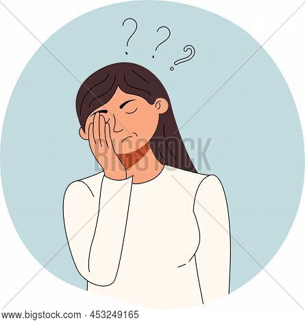 Frustration, Doubt, Creative Crisis, No Idea Concept. Young Sad Woman Standing And Feeling Frustrate