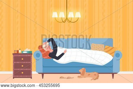 Person Having Cold And Lying In Bed. Man Being Treated With Pills And Medicines. Guy With High Fever