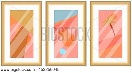 Modern Abstract Pictures In Frames. Images Of Colored Squares On Wall. House Interior Design Element