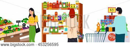Supermarket, Grocery Store With Food On Shelves. Sale, Discounts In Food Store. Shop In Mall For Sel