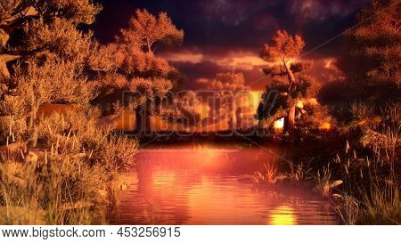 Beautiful Goldish Sunrise Forest Lake Nature Background - Nature 3d Illustration