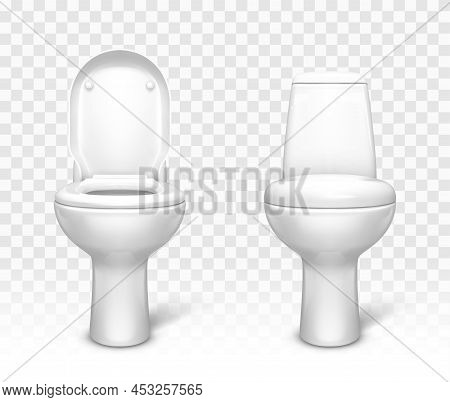 Toilet With Seat Set. White Ceramic Lavatory Bowl With Closed And Open Lid Front View Mockup Templat