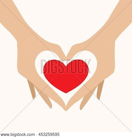 White Background With Red Heart And Care Hands. Two Human Hands Abstract Silhouettes Protect The Lov