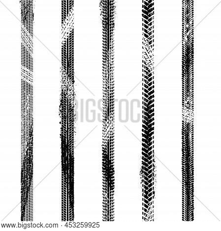 Set Of Black Tire Track Silhouettes Isolated On White Background. Vehicle Brake Down Path Silhouette