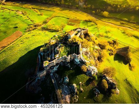 Aerial Drone View Kveshi Fortress In Spring. Historical And Cultural Heritage N Georgia