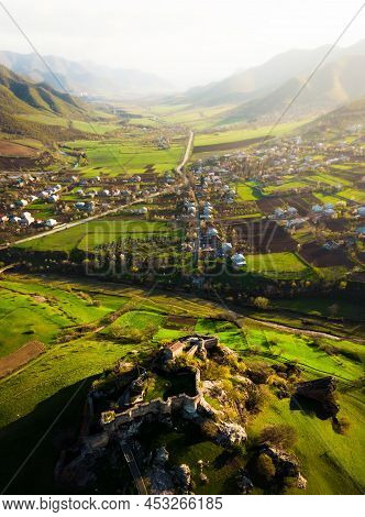 Aerial View Kveshi Fortress With Kveshi Village Panorama And Scenic Spring Nature Landscape.historic