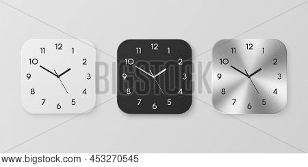 Vector 3d Realistic White, Black And Slver Or Chrome Steel Wall Office Clock Icon Set Isolated. Desi