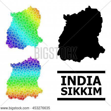 Spectral Gradiented Star Mosaic Map Of Sikkim State. Vector Colored Map Of Sikkim State With Spectra