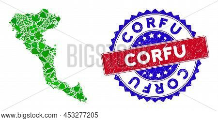 Eco Greek Corfu Island Map Collage Of Herbal Leaves In Green Color Tints And Grunge Bicolor Corfu Se