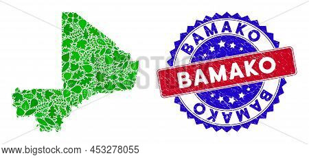 Eco Mali Map Collage Of Herbal Leaves In Green Color Hues With Grunge Bicolor Bamako Seal Stamp. Red
