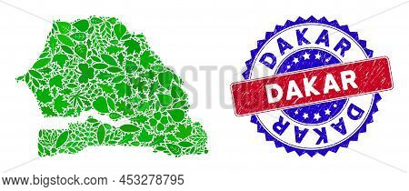 Ecology Senegal Map Collage Of Floral Leaves In Green Color Tones With Grunge Bicolor Dakar Stamp. R