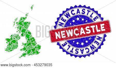 Ecology Great Britain And Ireland Map Collage Of Floral Leaves In Green Color Shades And Grunge Bico