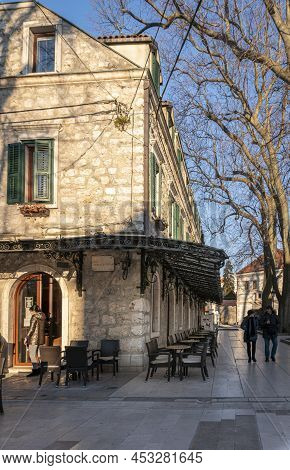 Trebinje, Bosnia And Herzegovina, March 2022 - A Cafe Bar On The Town Square In The City Of Trebinje