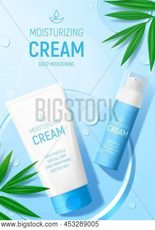 Ad Poster With Moisturizing Face Cream Products. Vector Illustration With 3d Bottle And Tube Of Mois