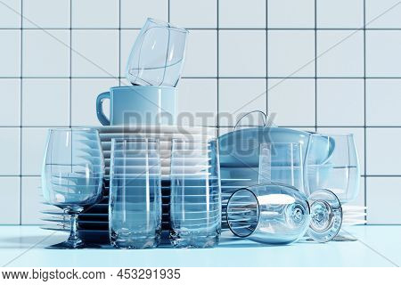 Realistic 3d Illustration Of An Empty Set Of Dishes. Clean Dishes, Folded Kitchen Utensils, Plates, 