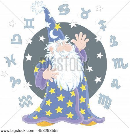 Wizard Astrologer Reciting Magic Spells And Zodiac Signs Of Constellations Flying Around Him, Vector