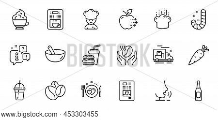 Outline Set Of Cooking Chef, Coffee Maker And Carrot Line Icons For Web Application. Talk, Informati