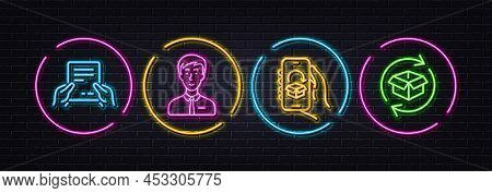 Businessman Person, Receive File And Delivery App Minimal Line Icons. Neon Laser 3d Lights. Return P