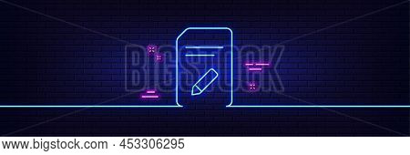 Neon Light Glow Effect. Edit Document Line Icon. Information File Sign. Paper Page With Pencil Conce