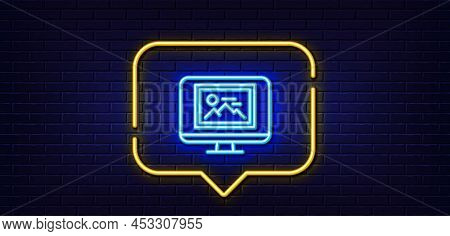 Neon Light Speech Bubble. Photo Thumbnail Line Icon. Monitor With Image Sign. Picture Placeholder Sy