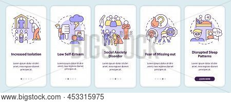 Downsides Of Social Media Onboarding Mobile App Screen. Negative Effects Walkthrough 5 Steps Graphic